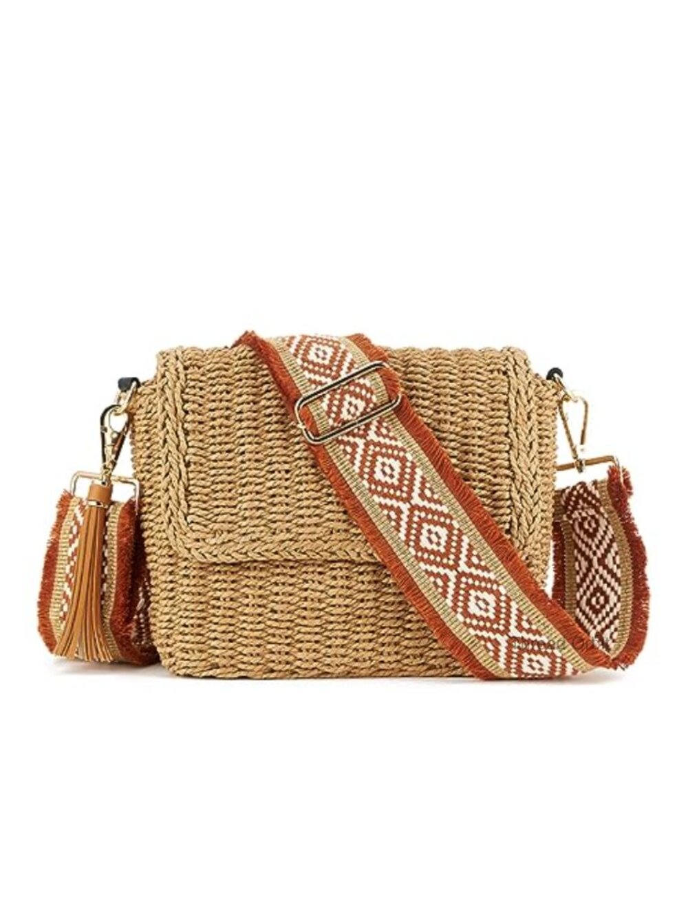 Straw Braided Crossbody Bag with Tassel Chain Detachable Shoulder Strap